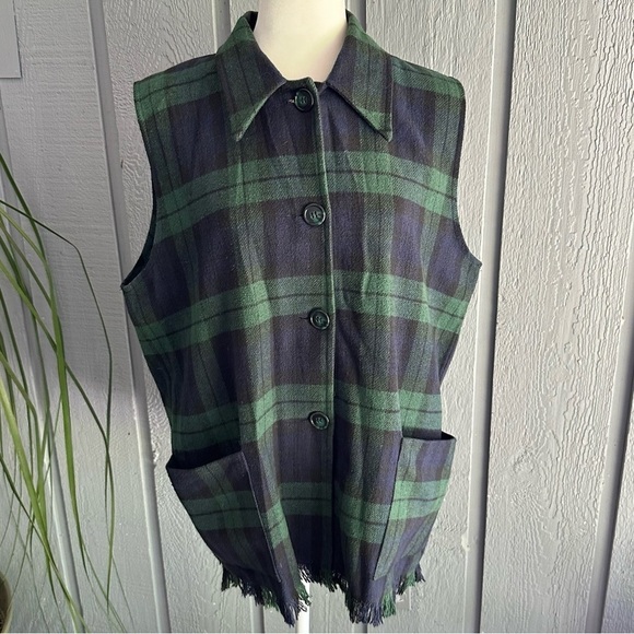 Vintage Stefano International Plaid Sleeveless Button Down Shirt Blue Fringe 80s - Picture 2 of 16